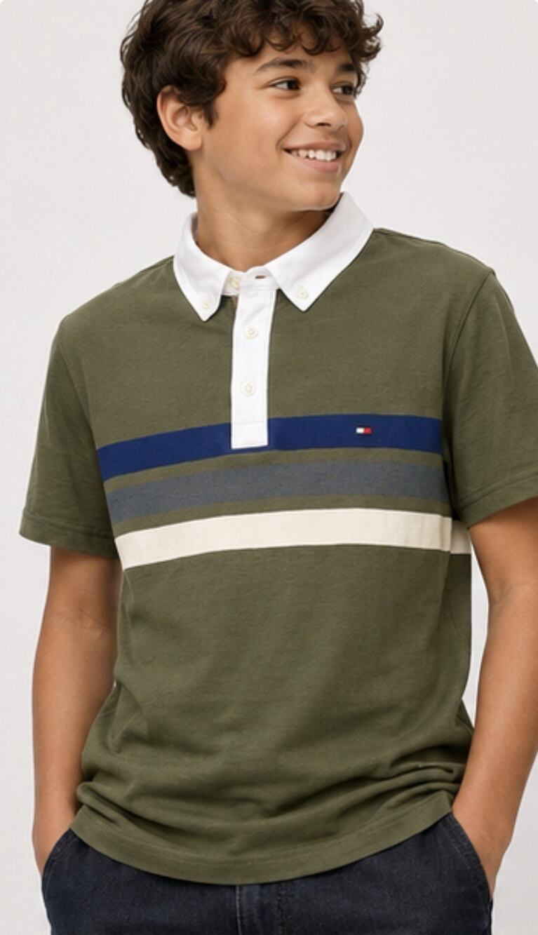 Tommy Hilfiger Boys XXL Slim Fit Polo Shirt Green Blue Stripe Short Sleeve